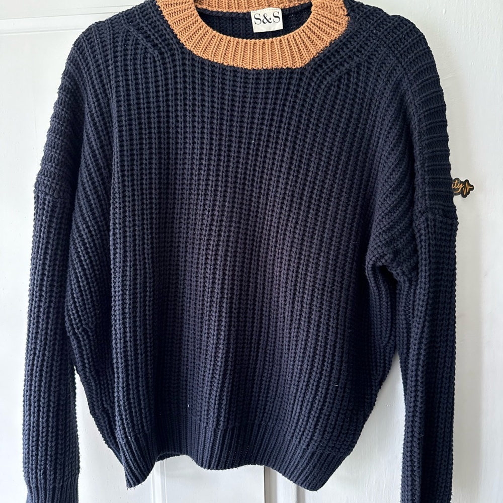 Navy and Tan Crew Neck Sweater